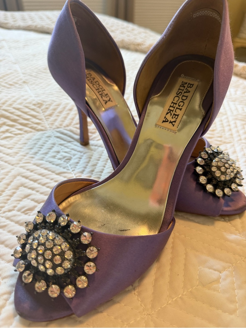Badgley Mischka Lavender Satin D'Orsay Heels with Crystal Brooch